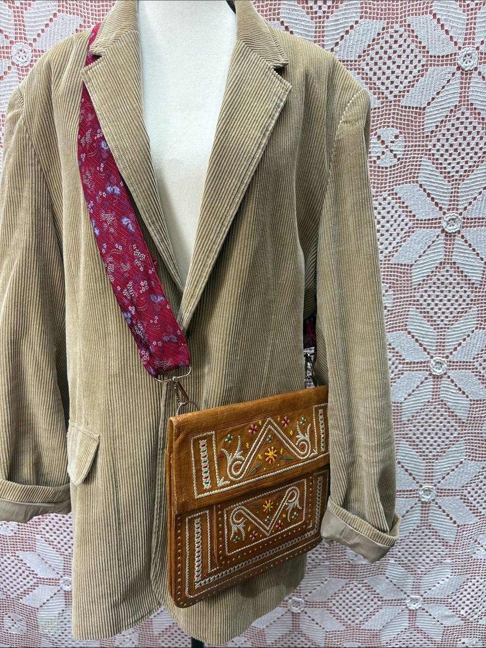 Vintage Embroidered Leather Crossbody Bag – Upcycled Tie Strap